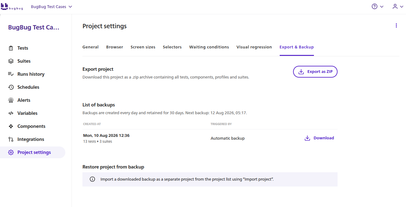 List of project backups in project settings