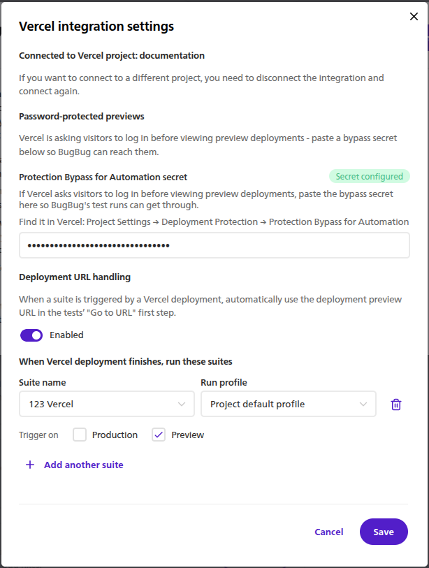 Vercel integration settings with deployment URL handling and suite mappings