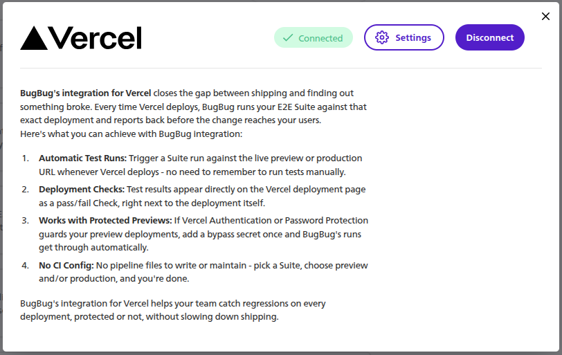 Connected Vercel integration in BugBug with Settings and Disconnect actions