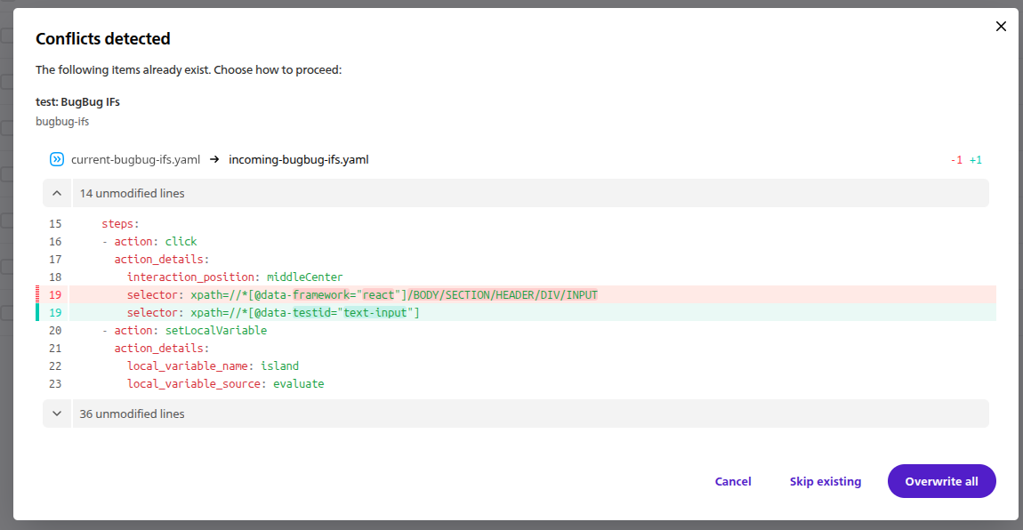 Conflict step of the Import test modal showing the YAML diff