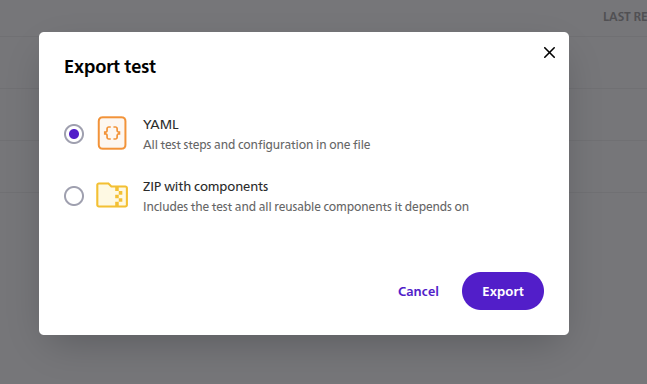 Export test modal with the YAML and ZIP options